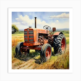 Watercolor Rustic Red Tractor, Old Broken Down Country Field Landscape Art Print