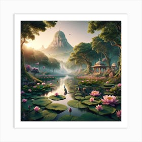 A Tranquil And Enchanting View Of The Vrindavan Forest, Featuring A Serene Lotus Pond And The Iconic Govardhan Hill Art Print