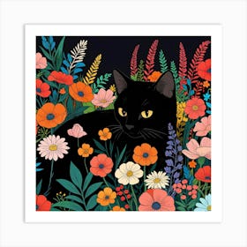 Black Cat In Flowers 2 Art Print