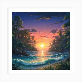 Tranquil Sunset Over a Serene Forest Beach With Glittering Waters 1 Art Print