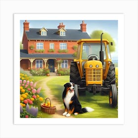 A Yellow Tractor In Front Of A Farm House 2 Art Print