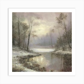 Ancient landscapes, old winter oil paintings and rocks around the lake bank. Snow is falling on the lake, old colors.7 Art Print