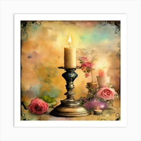 Candle And Roses Art Print