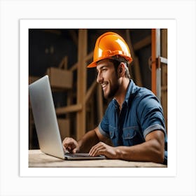 Construction Worker Using Laptop Art Print