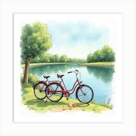 Classic Bicycle By A Tranquil Lake Watercolor Scene 1 Art Print