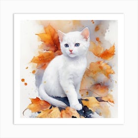 White Cat With Autumn Leaves Art Print