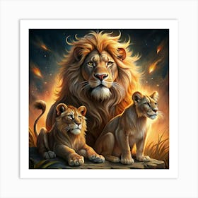 Proud Lion Family With Two Cubs Art Print