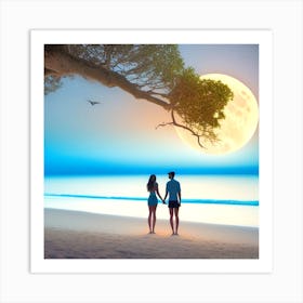 Couple On The Beach Under The Moon Art Print