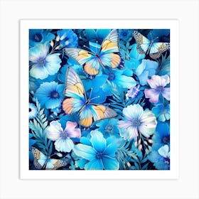 Blue Flowers And Butterflies 4 Art Print