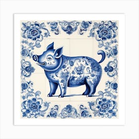 Lucky Pig Delft Tile Illustration 3 Art Print