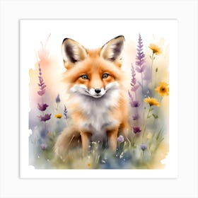 A Watercolor Artwork Showcasing A Cute Fox Kit Frolicking In A Sunlit Meadow Filled With Watercolor Wildflowers Art Print