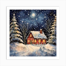 Christmas Night At The Cabin Art Print