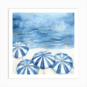 Blue Umbrellas On The Beach 6 Art Print