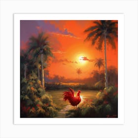 Rooster At Sunset Art Print