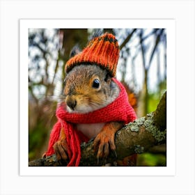 Firefly Squirrel, Closeup, Cute, Knitted, Hat, Scarf, Branch, Tree, Autumn, Cozy, Woodland, Nature, (8) Art Print