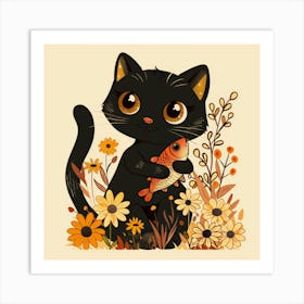 Black Cat With Fish Art Print