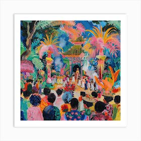 Balinese Temple Ceremony in Style of David Hockney Art Print