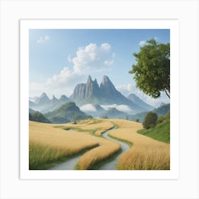 A Golden Paradise: Exploring the Beauty of a River and Mountain Landscape Art Print