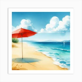 Watercolor Beach: A Simple and Elegant Art Print of a Blue and Golden Beach Art Print