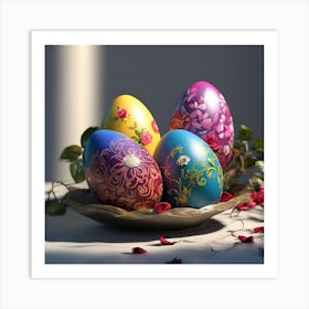 Painted Easter Eggs with Miniature Roses and Fallen Petals Art Print