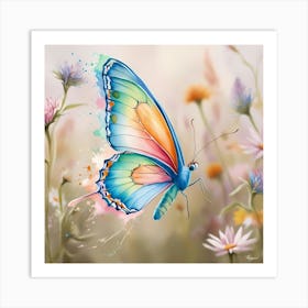 A Vibrant Butterfly Flutters Gracefully, Its Delicate Wings Showcasing A Kaleidoscope Of Bright Colors—Blues, Oranges, Pinks, And Greens—Blending In Soft, Watercolor Gradients Art Print