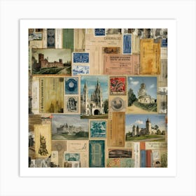 A Decorative Frame Holds An Assortment Of Old Postcards And Stamps, Capturing The Essence Of Past Travels And Correspondence Art Print