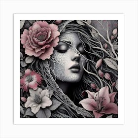 A woman wearing veil with flowers and branches Art Print