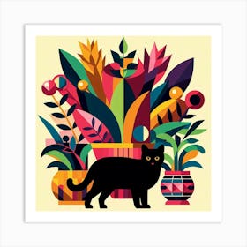 Black Cat With Flowers Art Print