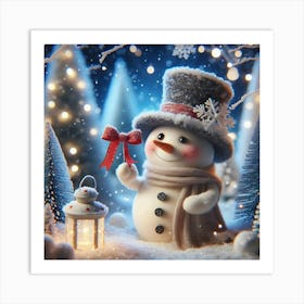 Snowman With Lantern Art Print