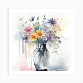 Watercolor Flowers In A Vase Monochromatic Watercolor Art Print