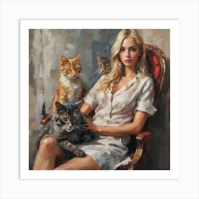 Girl With Cats Art Print