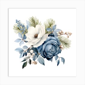 Blue and White Floral Arrangement Wall Art - Winter Roses and Magnolia Print Art Print