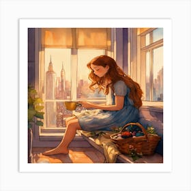 Girl Sitting On A Window Sill Art Print