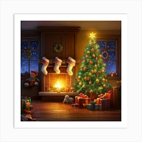 Cozy Christmas Eve Crackling Fireplace Casting A Soft Glow On The Elaborate Decorated Tree Toys Su Art Print