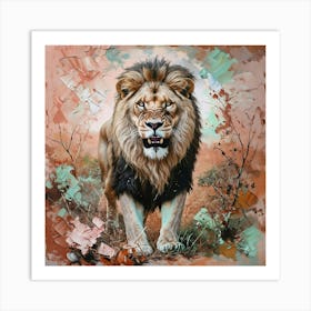 Stunning Big Male Lion Standing Tall And Proud Looking At Camera Growling Art Print