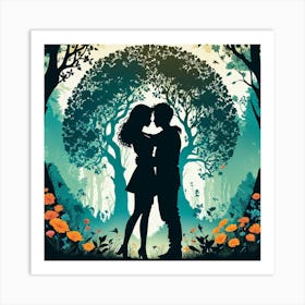 Silhouettes Of Two People Hugging Surrounded By Elements Of Nature Flowers Trees Growing , Silhouette Of Couple In The Forest 1 Art Print