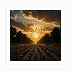 Thousands of Birds in Flight at Sunset, Their Shadows Painting the Earth Beneath the Golden Sky Art Print