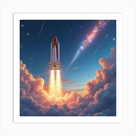 Space Shuttle In A Watercolor Ethereal Comet Stream 1 Art Print