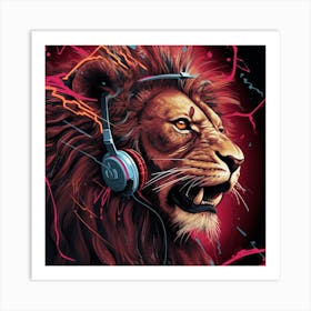 Lion With Headphones Art Print