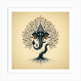 "Rooted in Divinity: Ganesha's Tree of Life" - This artwork blends the powerful image of Lord Ganesha with the universal symbol of the Tree of Life. Rendered in earthy tones and delicate details, Ganesha emerges from the roots, embodying strength, wisdom, and the grounding force of nature. The leaves adorned with spiritual motifs signify life's manifold aspects nurtured by his guidance. This piece serves as a profound reminder of Ganesha's role in growth and stability, perfect for spaces seeking a touch of sacred serenity and natural harmony. Art Print
