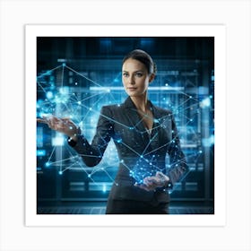 Cybernetic Advocate A Businesswoman Encapsulated In A Futuristic Suit Her Hand Garnished With Hol (1) Art Print