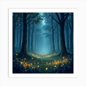 A Forest Filled With Glowing Fireflies And Mystic Fog 1 Art Print