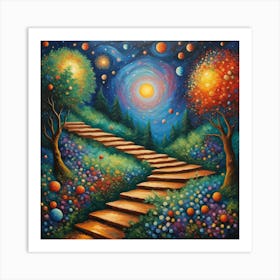 Stairway To Heaven. Galactic Pathway: Whimsical Landscape Art with Radiant Galaxy and Illuminated Trees Art Print