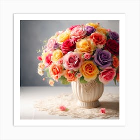 Colorful Roses In A Vase Art Print