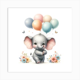 Cute Elephant with Balloons Art Print