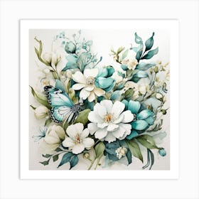 Blue Flowers And Butterflies Art Print