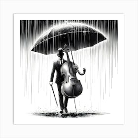 A Musical Instrument Holding An Umbrella In The Rain, Ink Drawing Art Print