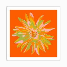 DAHLIA BURSTS Single Abstract Blooming Floral Summer Bright Flower in Orange Yellow Blush Lime Green on Orange Art Print