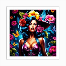 Pin Up Girl With Flowers Art Print