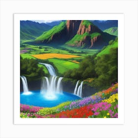 Waterfall In The Mountains Art Print